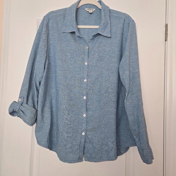ORVIS Shirt Women’s Button Up Blouse Top Long Sleeve Linen Blend Blue XL - Picture 1 of 12